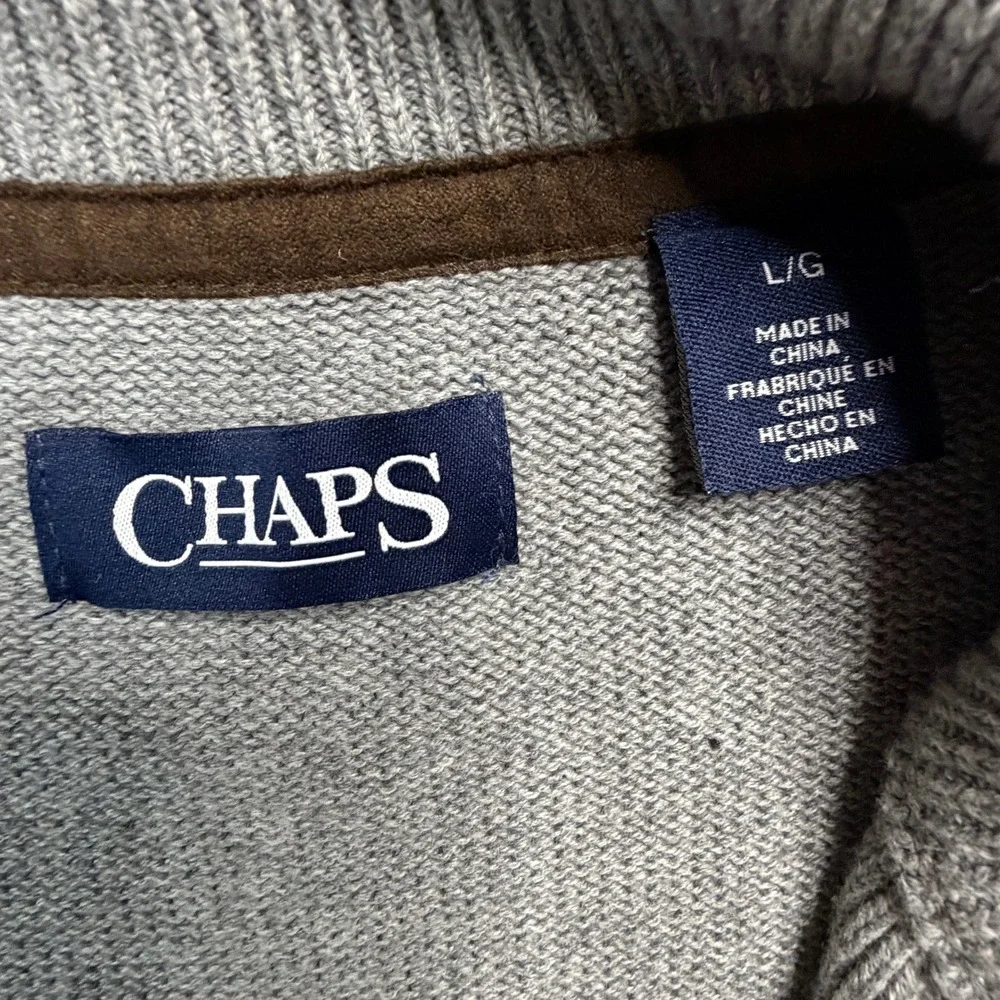 Chaps Mens Gray Full Zip Cotton Sweater Vest Mock Neck Suede Trim Large EUC!